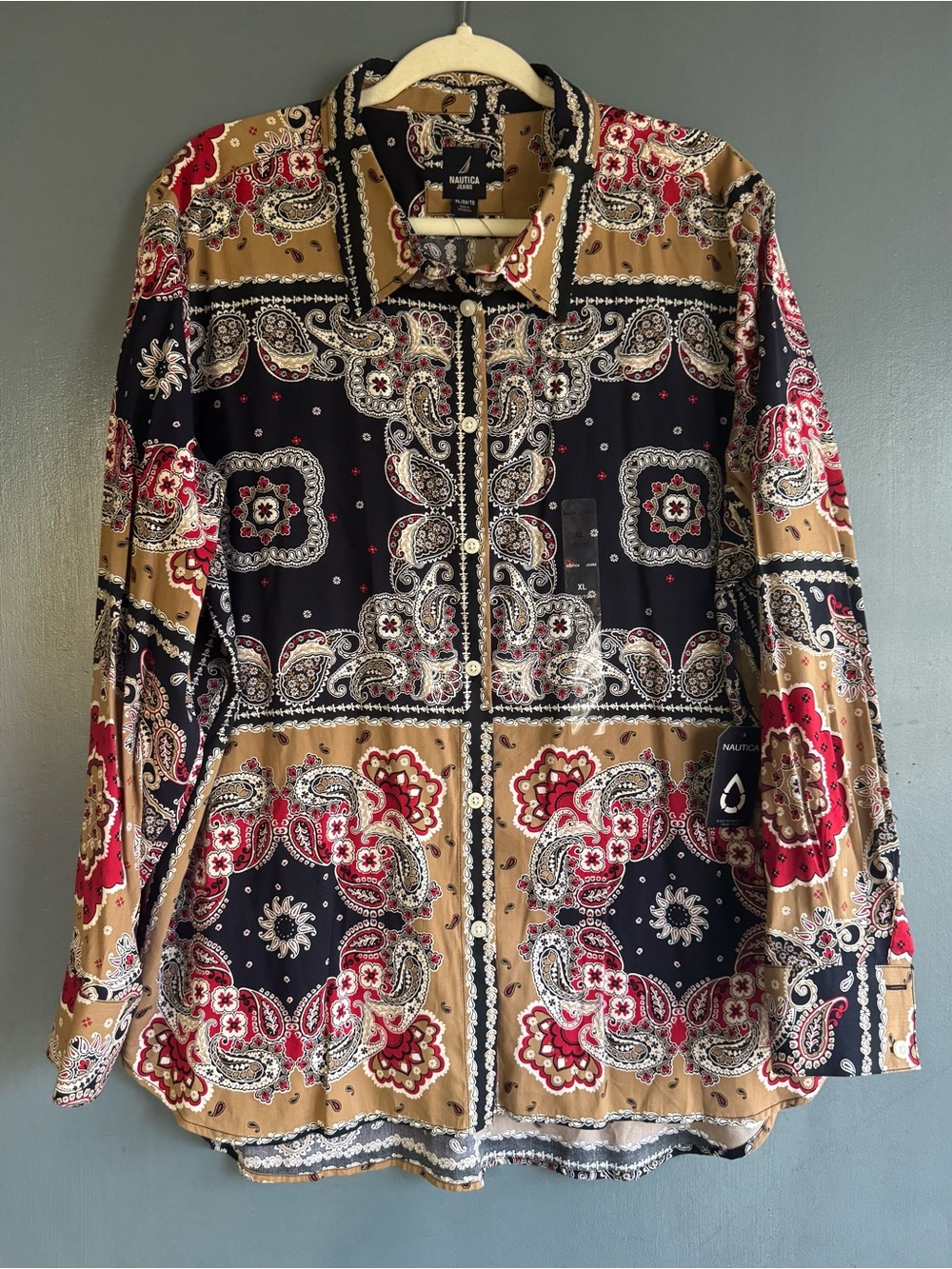 Nautica Women's Paisley-Print Long-Sleeve Shirt Black/Tan/Red Size XL